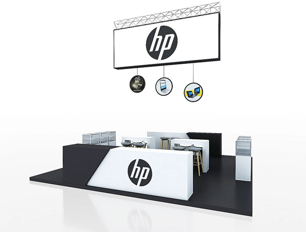 Trade show booth with counters and product showcase